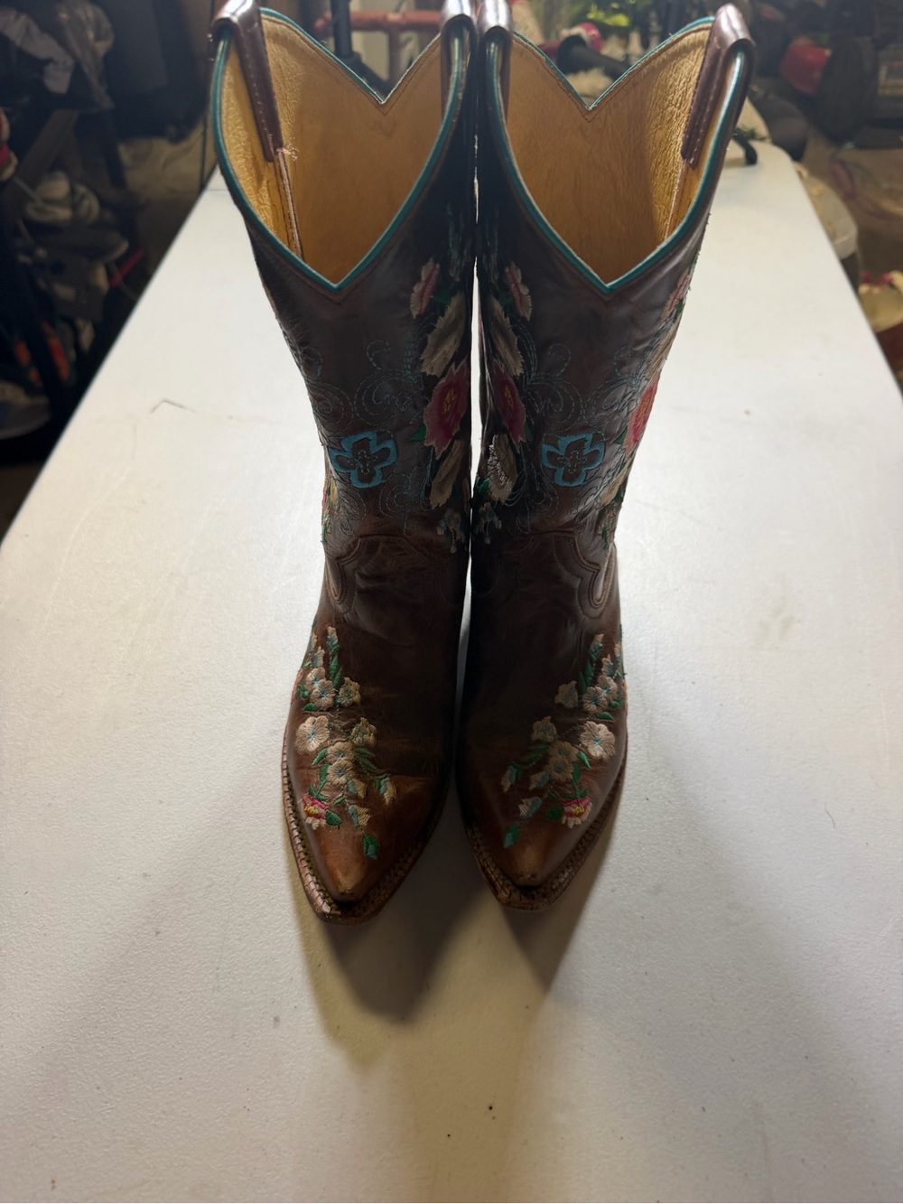 Macie Bean Brown Leather Embroidered Western Booties with Turquoise Trim